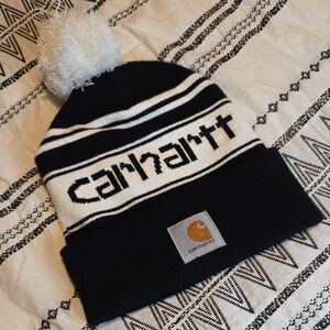 Carhartt Kids Black and White Striped Pom Hat